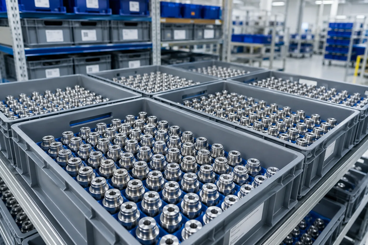 Precision CNC machined parts stored in inventory bins for scheduled batch releases that help reduce CNC machining cost per part.