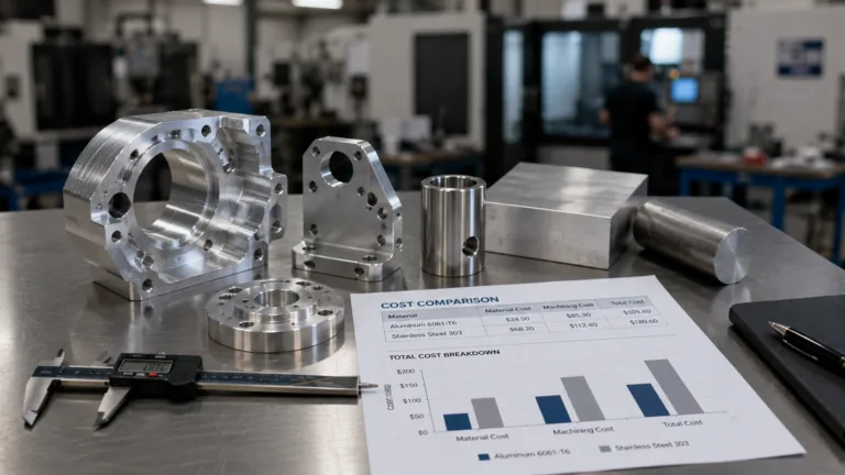 Precision CNC machined aluminum and stainless steel parts with digital calipers and material samples, illustrating the key factors that influence CNC machining services cost.