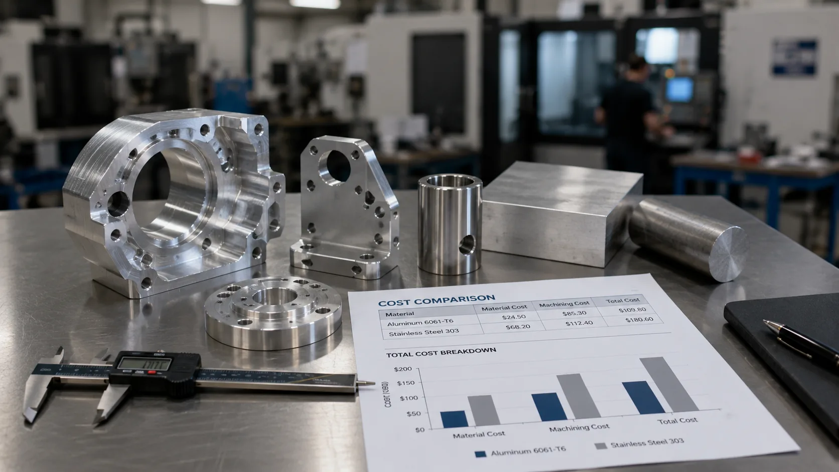Precision CNC machined aluminum and stainless steel parts with digital calipers and material samples, illustrating the key factors that influence CNC machining services cost.