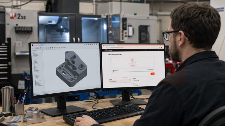 Engineer uploading CAD files to online CNC machining services for a custom quote.