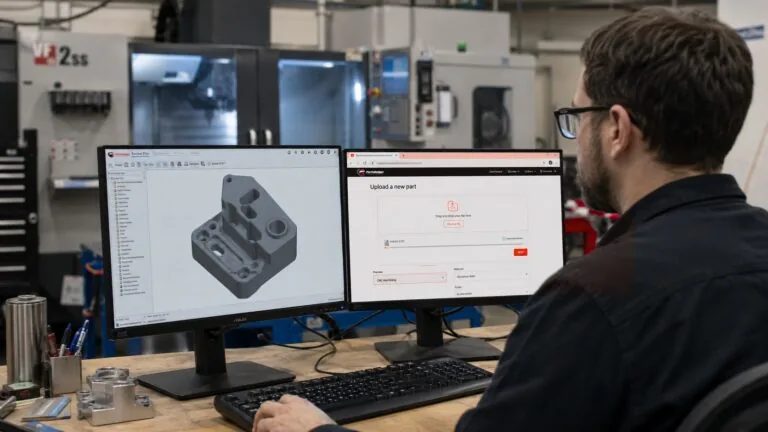 Engineer uploading CAD files to online CNC machining services for a custom quote.