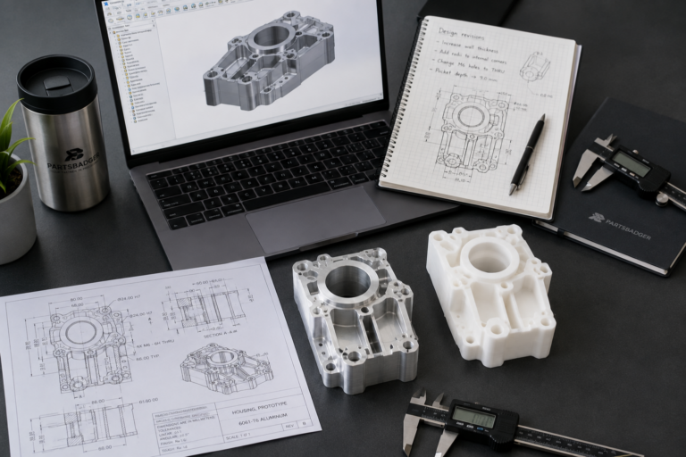 Overhead view of a prototype CNC machining workspace with a machined aluminum prototype, matching 3D-printed part, engineering drawing, digital calipers, and CAD model used to prepare a prototype for manufacturing.