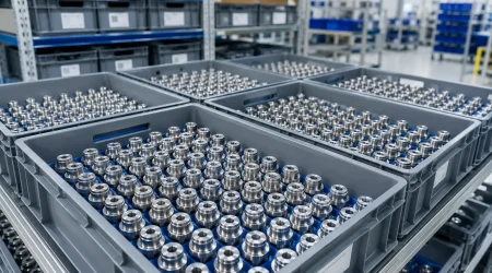 Precision CNC machined parts stored in inventory bins for scheduled batch releases that help reduce CNC machining cost per part.